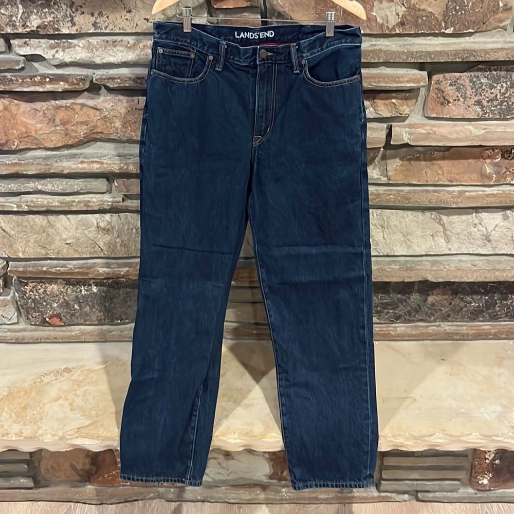 Lands End Flannel-Lined Traditional Fit Straight Leg Dark Wash Jeans